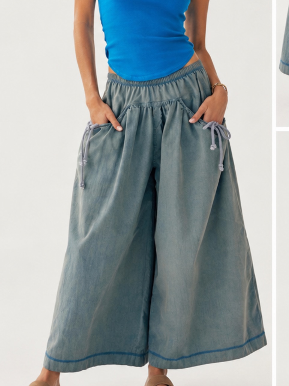 Wide Leg Cotton Boho Palazzo Pant With String Accents On Bucket Pockets